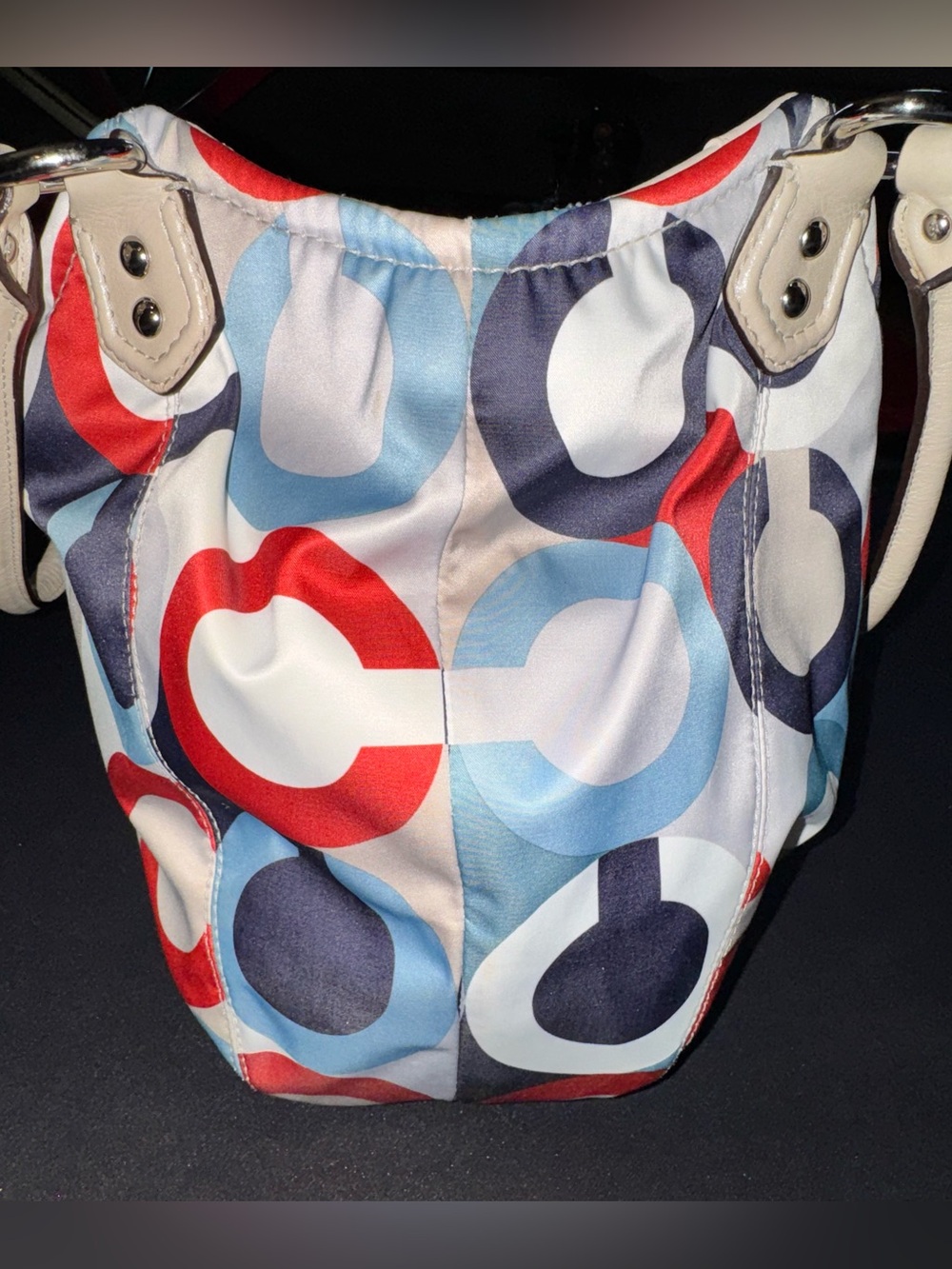 Coach Ashley Op Art Scarf Purse Tote Multicolor Red,White, & Blue - Picture 7 of 8